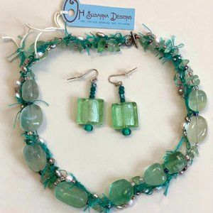 Green Beaded Necklace and Earrings